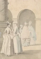 Damen neben einer Säule und Arkade